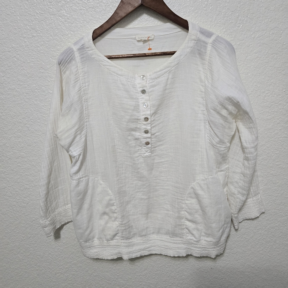 Eileen Fisher Textured White Organic Cotton Round Neck Tunic Top